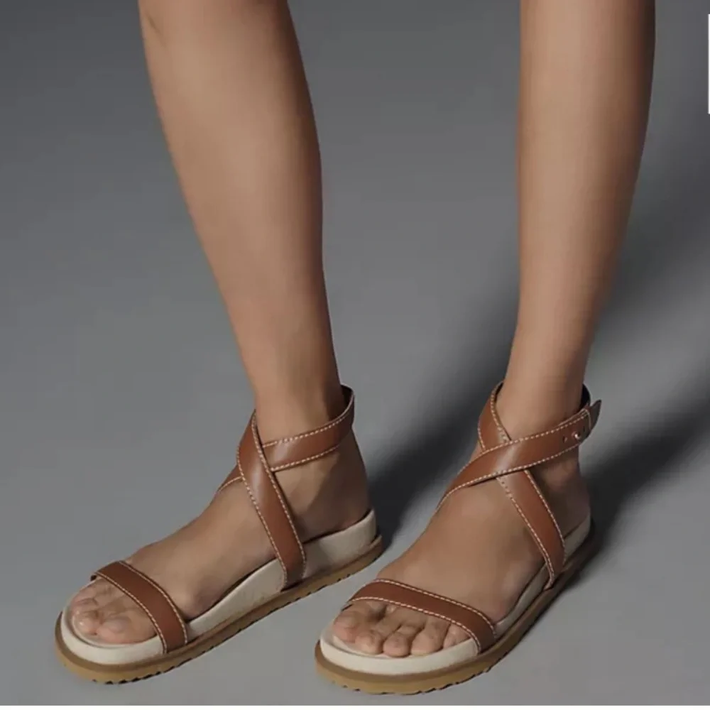 Anthropologie Tan Leather Ankle-Strap Flat Sandals - Picture 3 of 9